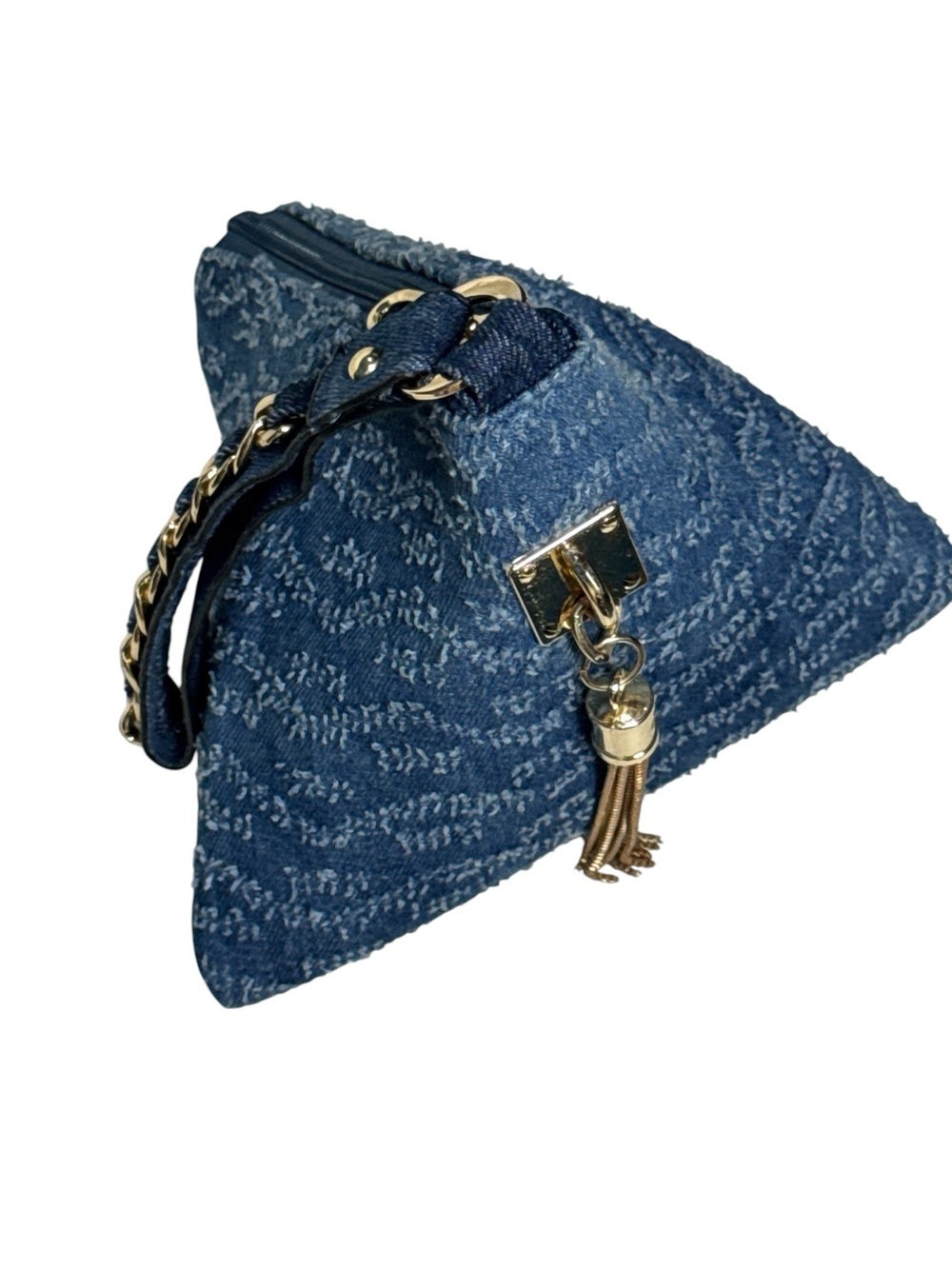 Denim Triangle Pouch Wristlet Handbag with Gold Chain and Tassel